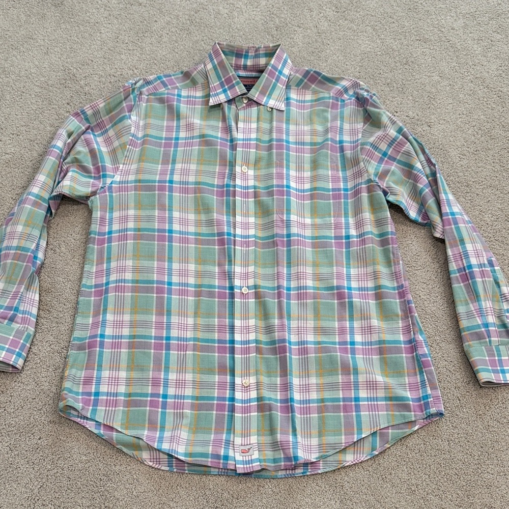 Vineyard Vines Men's Plaid Shirt in Green, Blue, and Pink